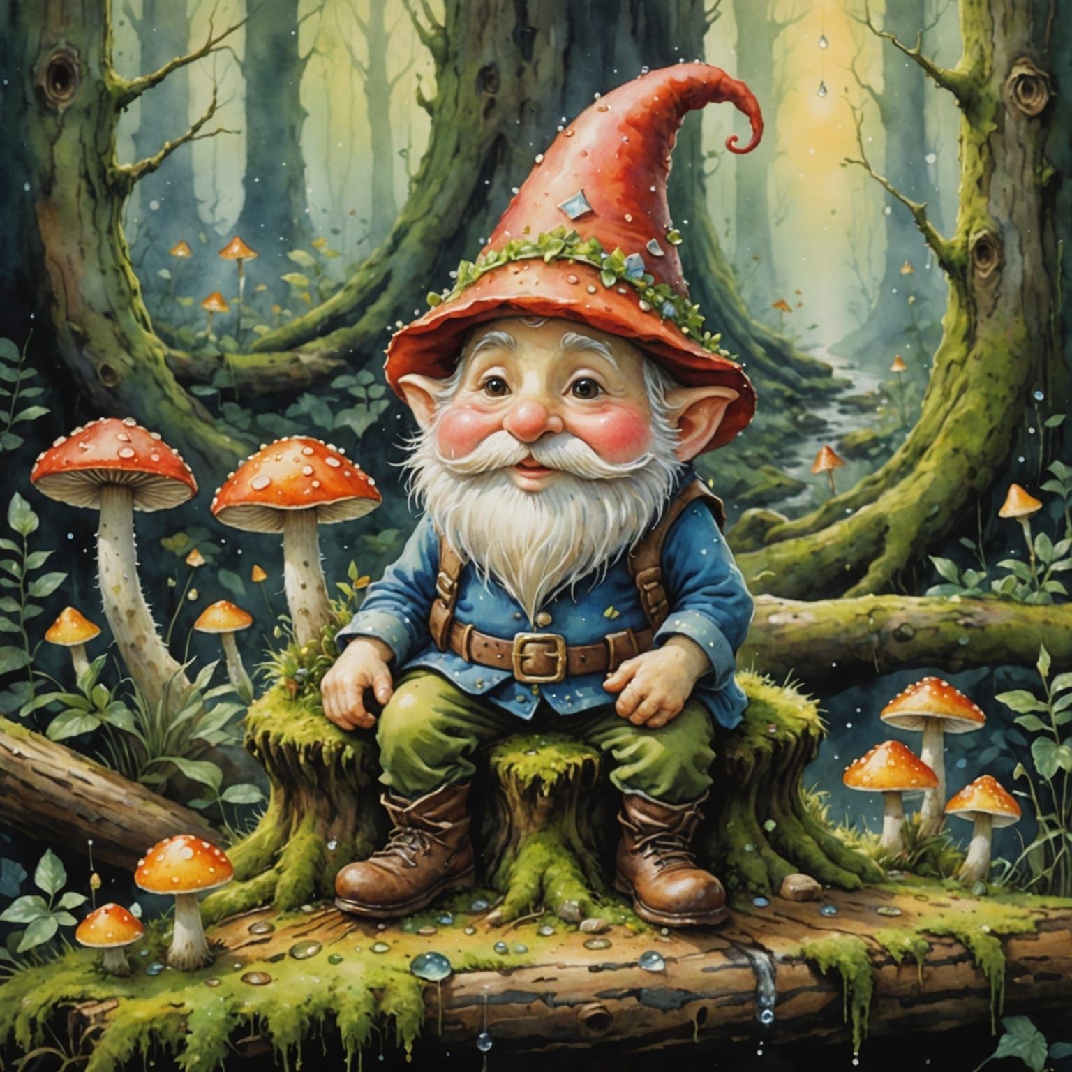 Whimsical Gnome with Mushroom Hat in Enchanted Forest