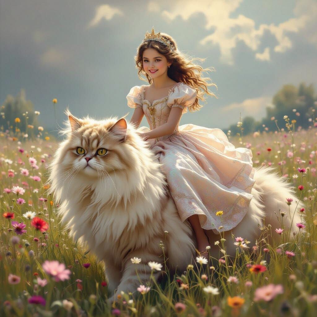 Princess Rides Giant Cat Through Wildflower Field