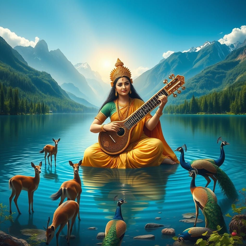 Saraswati Goddess Plays Veena in Serene Lake Landscape