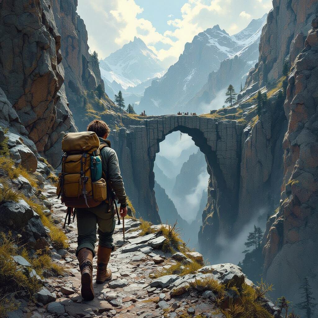 Hiker on Mountain Trail in Dystopian Style
