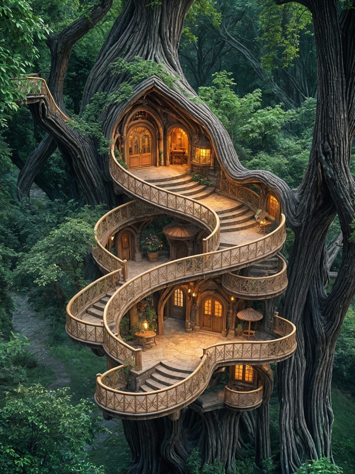 Ethereal Elven Treehouses in Oak Branches