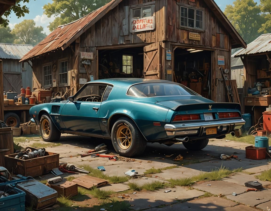 Vintage Shed Scene with Pontiac Trans Am