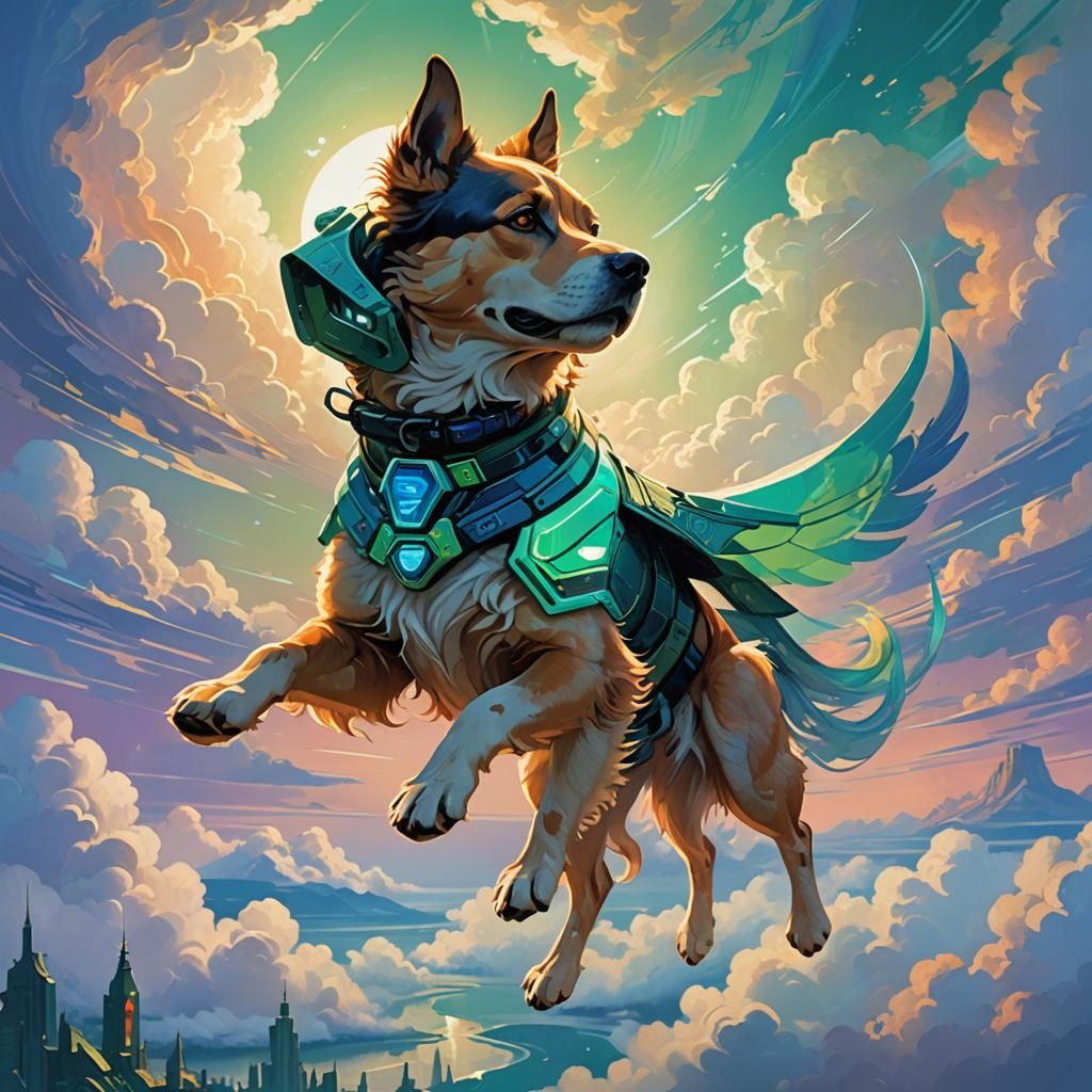 Winged Dog Soaring in a Sci-Fi Sky