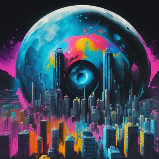 Colorful Lunar City in Graffiti Art Style