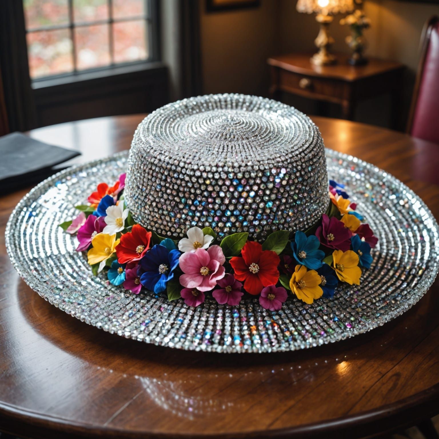 Crystal Hat Portrait with Prismatic Light and Flowers