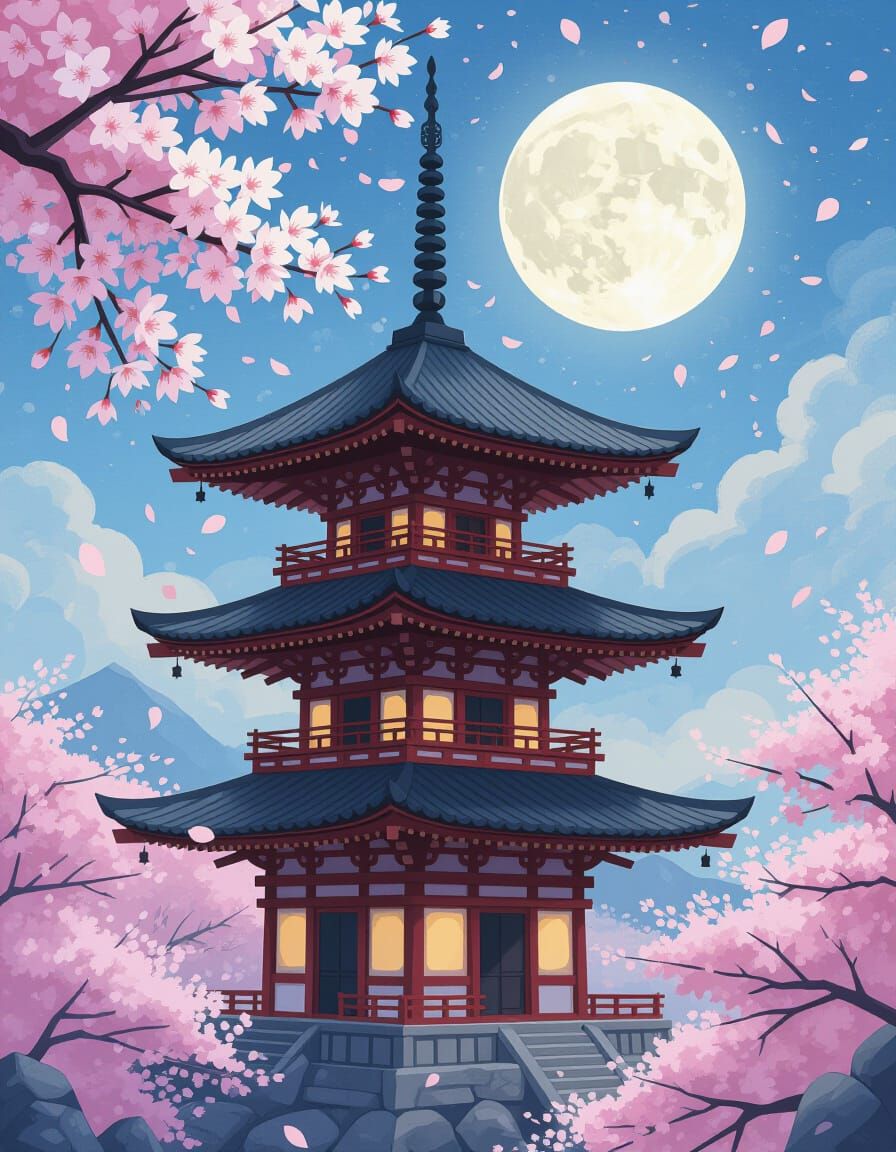 Moonlit Japanese Pagoda with Cherry Blossoms