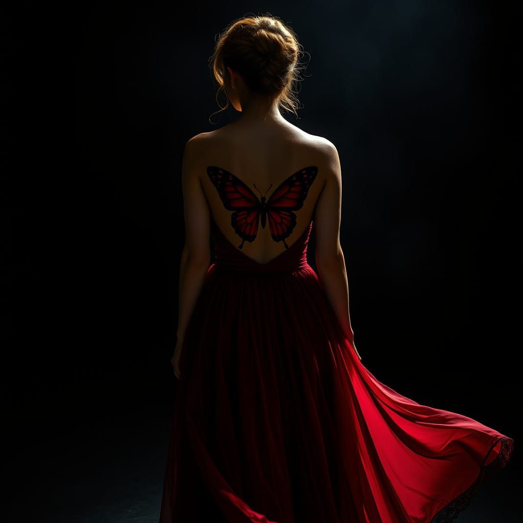 Dark Red Butterfly Tattoo in Moody, High-Contrast HDR