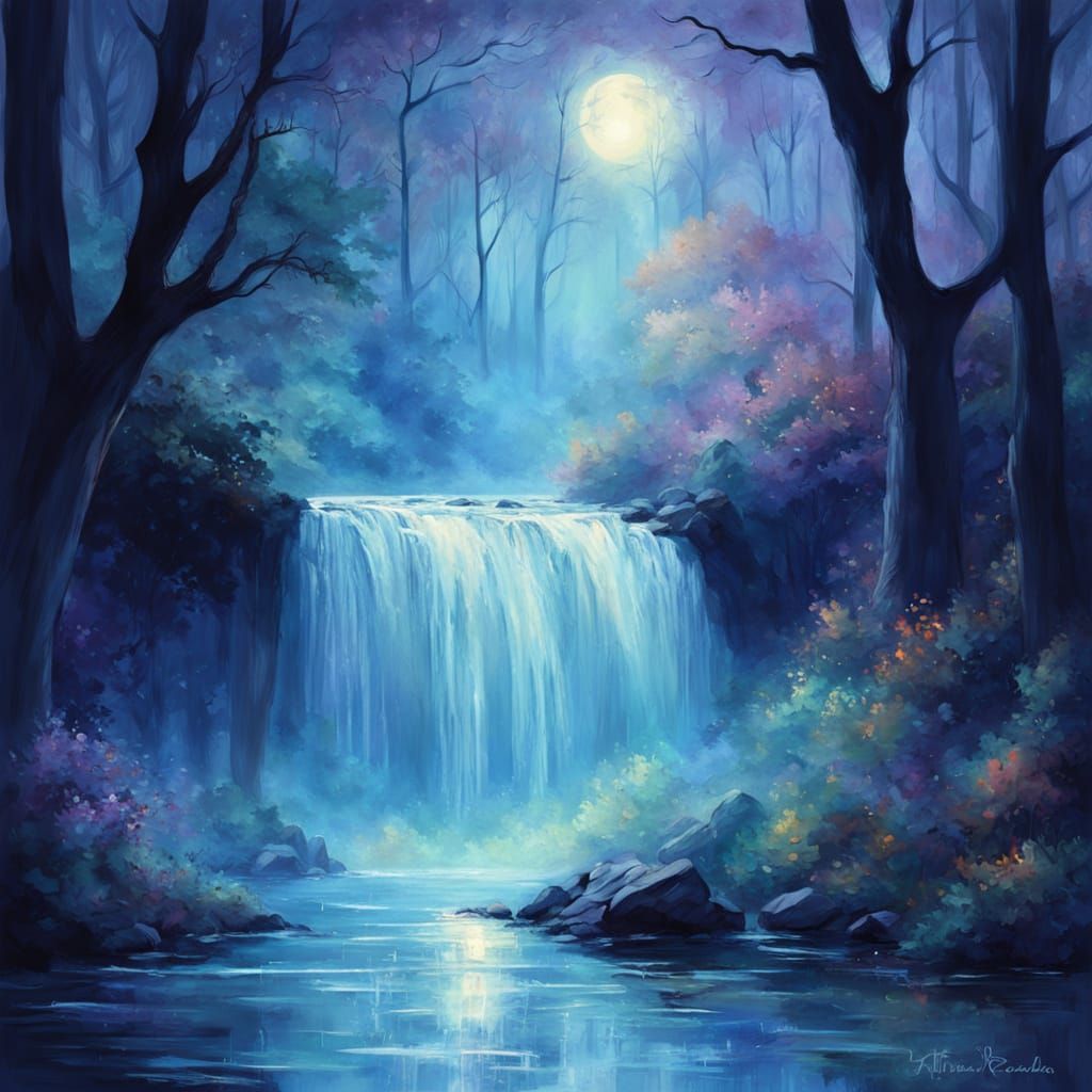 Ethereal Waterfall in Moonlit Forest - Gouache Artwork
