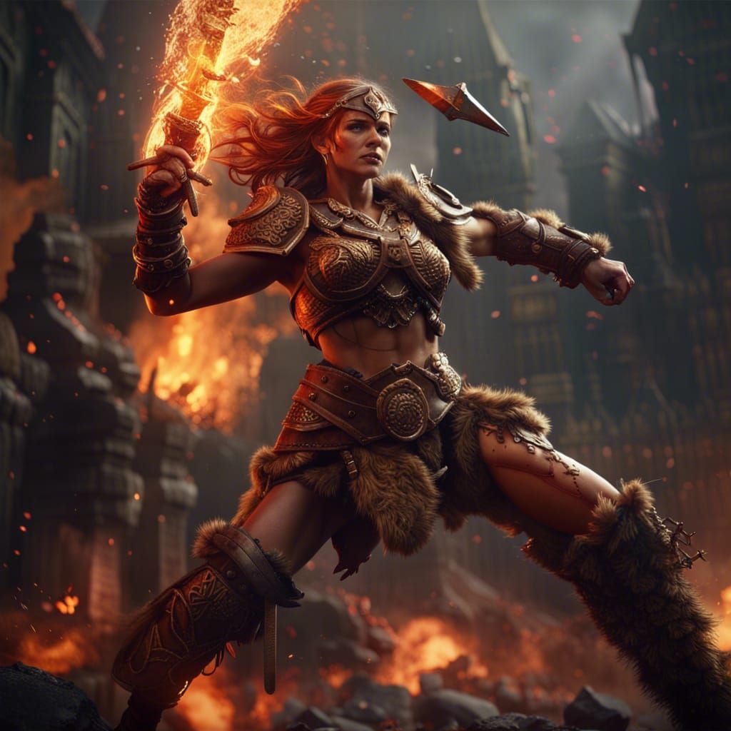 Stunning Female Barbarian in Fiery Battle