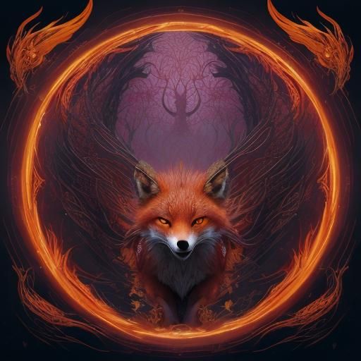 Mythological Nine-Tailed Fox with Yin Yang in Fantasy Art