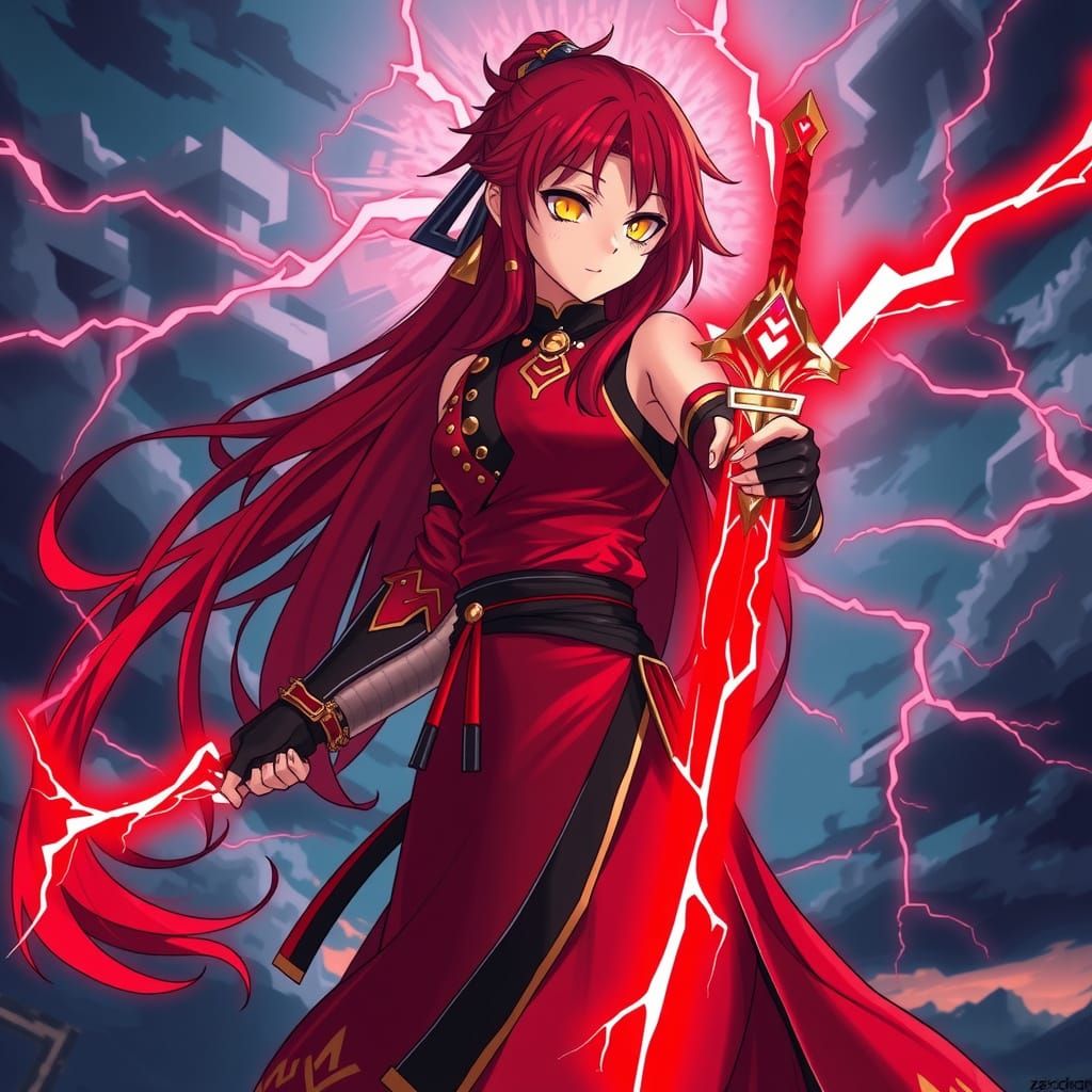 Anime Warrior Woman Red Black Dress Yellow Eyes Lightning Sw...