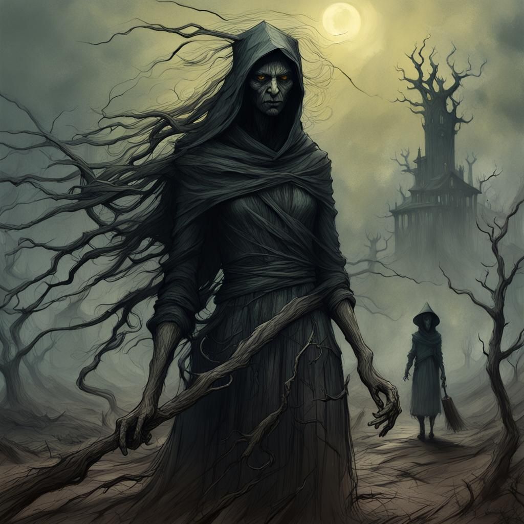 Witch and Victim: Dramatic Charcoal Sketch in Dark Style