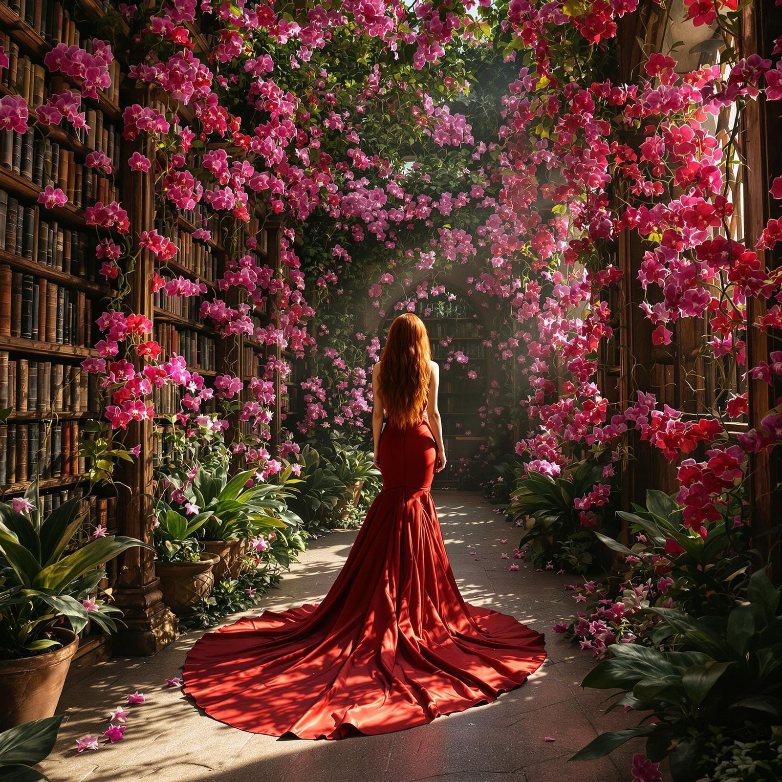Orchid Goddess in Overgrown Library, Digital Painting