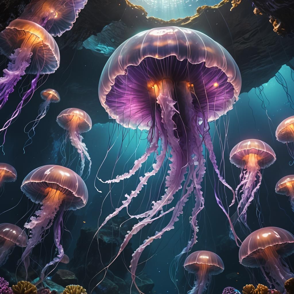 Giant Jellyfish in Mystical Underwater Cave