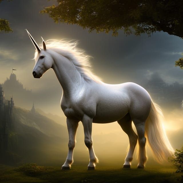 Iridescent Unicorn in Medieval Castle Meadow