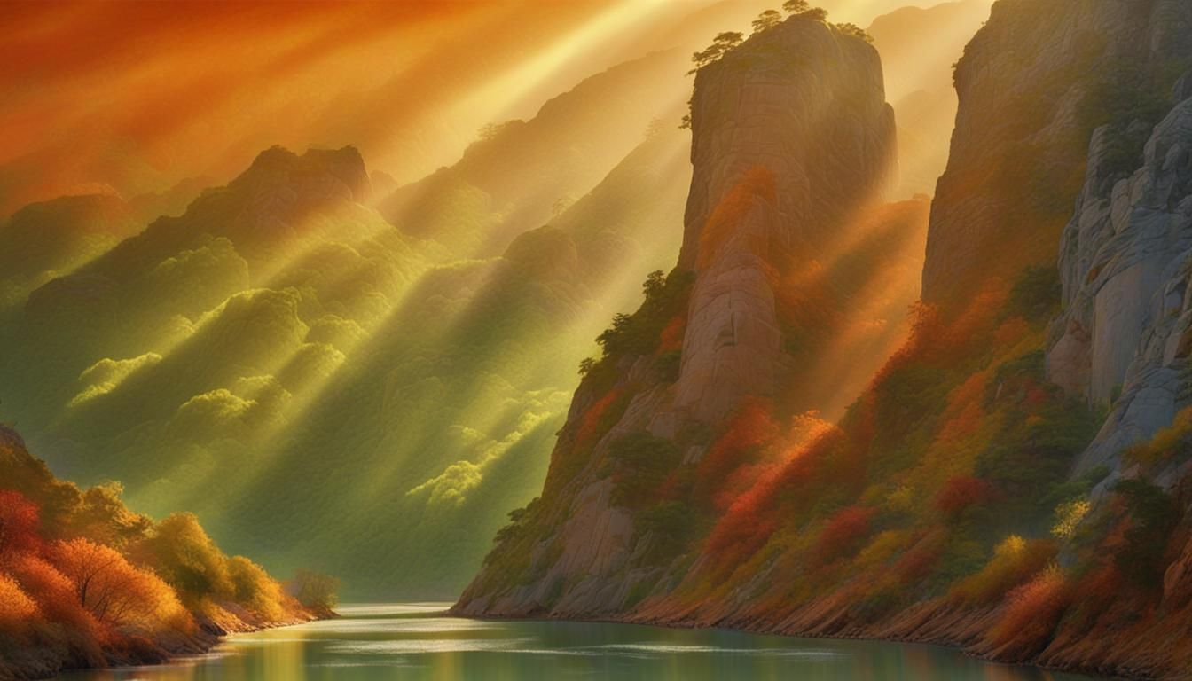 Sunbeams in a River Canyon Watercolor Painting