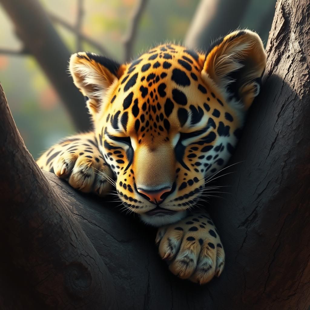 Adorable Leopard Cub Sleeping: Hyperrealistic Splash Art