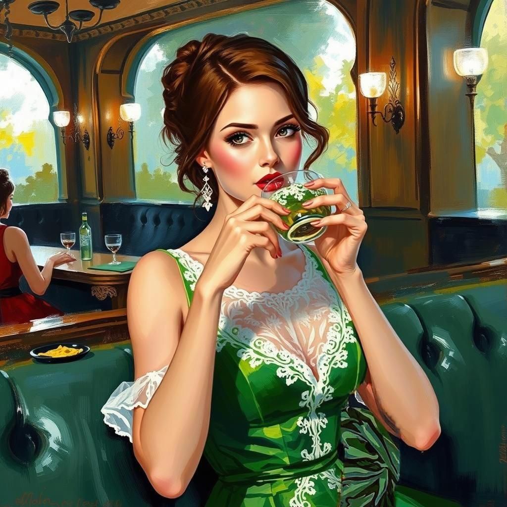 Impressionist painting, stunning woman, green and white dres...