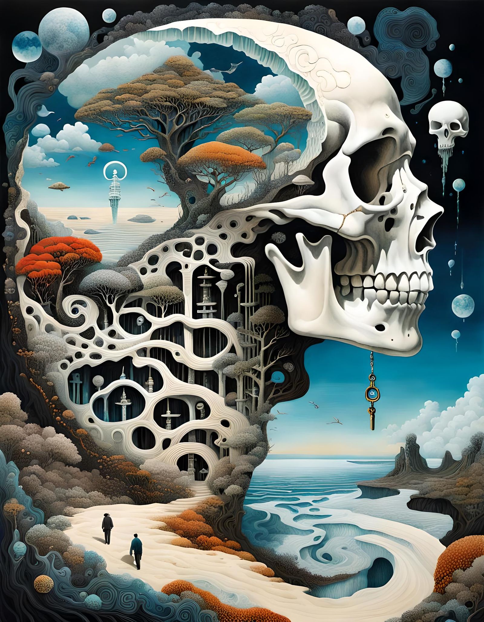Surreal Bone Key Labyrinth in Dreamy Collage Illustration