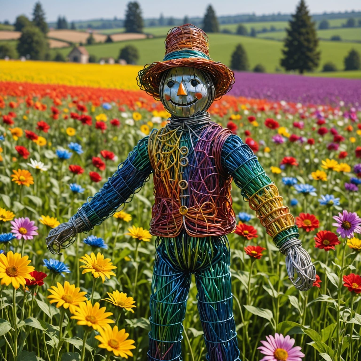 Wire Scarecrow in Flower Field with Rainbow