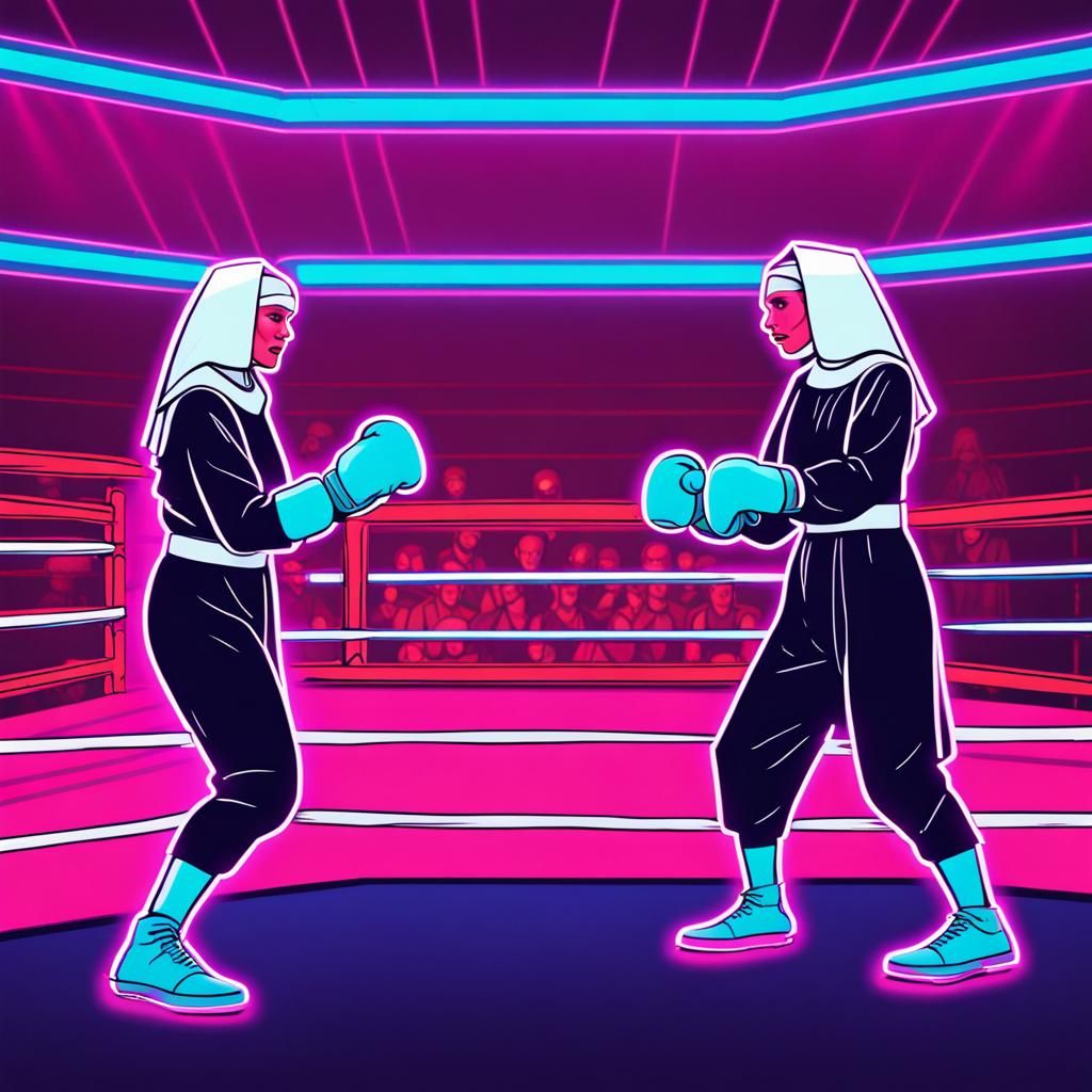 Nuns Boxing in a Neon Retro Arena