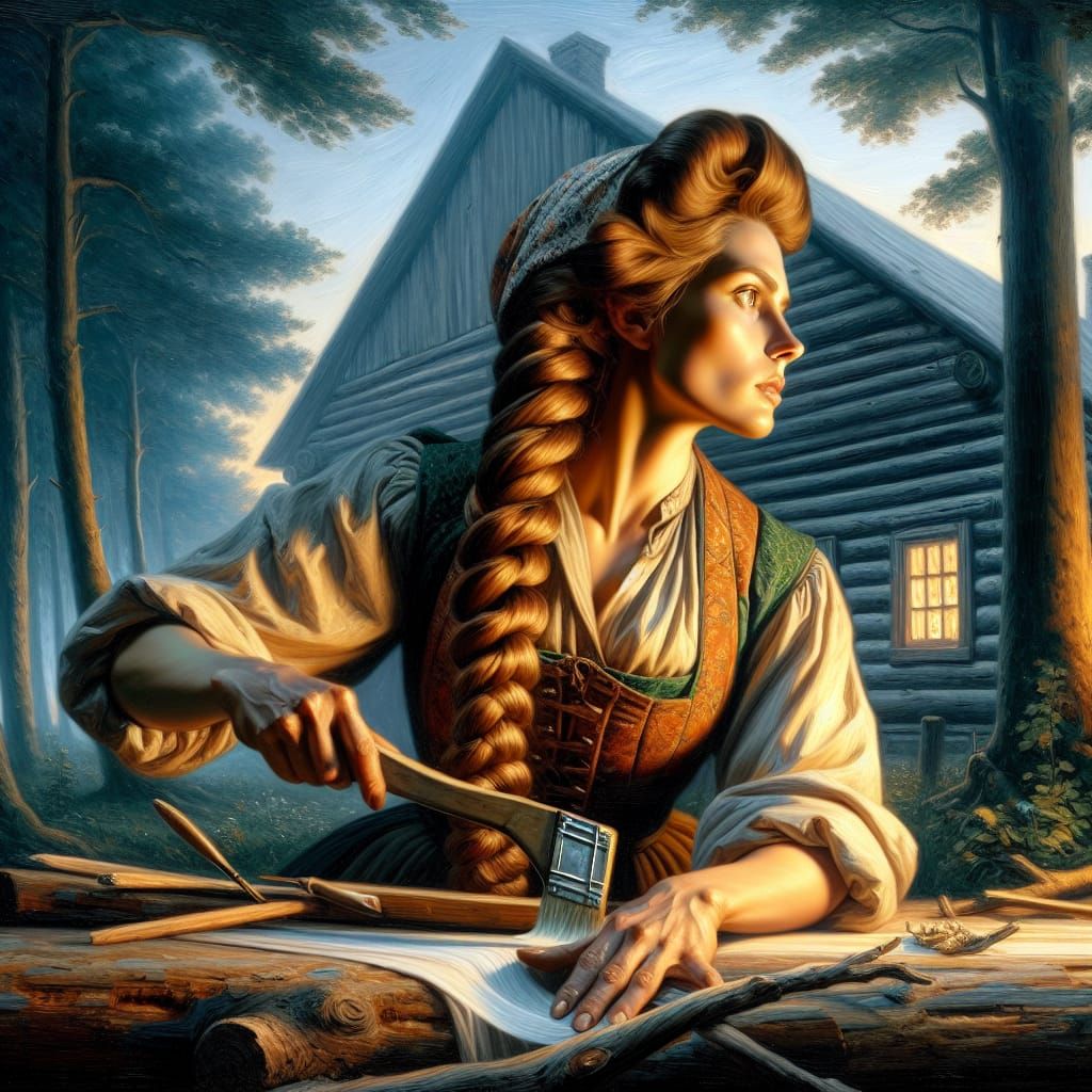 Lumberjack Woman Portrait in Mystic Twilight, Oil Painting