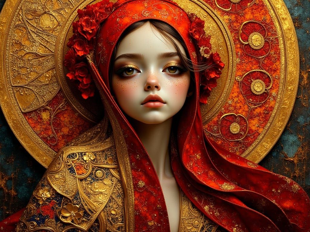 Rococo Alien with Red Scarf in Klimt Style