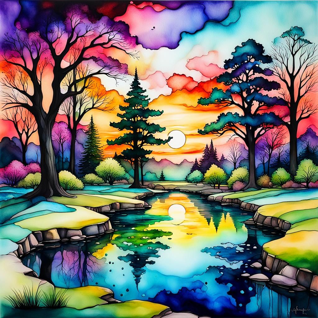 Tranquil Park at Sunset: Alcohol Ink Painting
