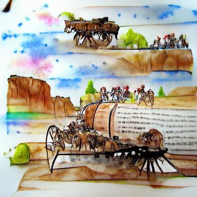 Wagon train on the Oregon trail ink drawing watercolor steampunk storybook illustration