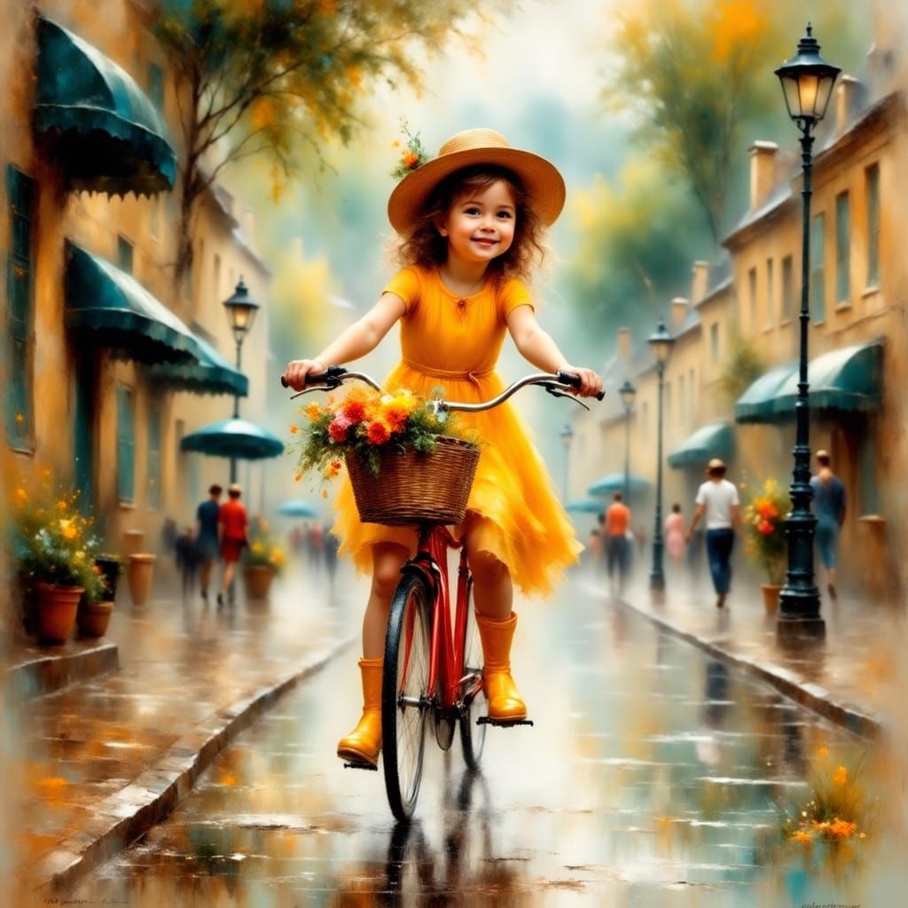 Girl on Bicycle in Rainy Impressionist Scene