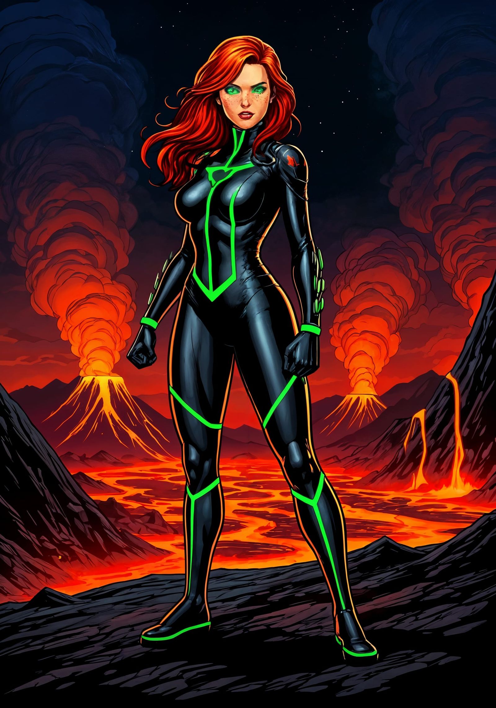 Volcanic Superheroine in Classic Comic Style