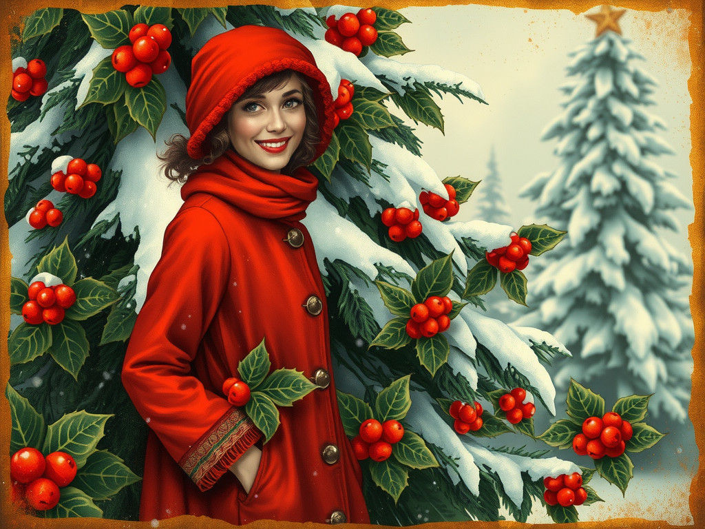 Winter Wonderland Scene in Whimsical Art Nouveau Style