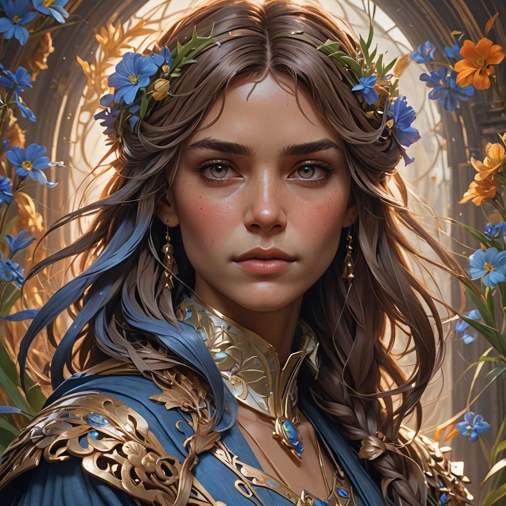 Detailed Flax Portrait by Artgerm, Rutkowski, and Mucha