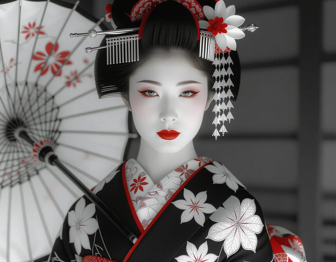 Elegant Geisha Portrait in Black and White