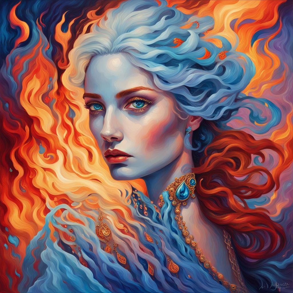Fire and Ice Lady in Vibrant Oil Painting