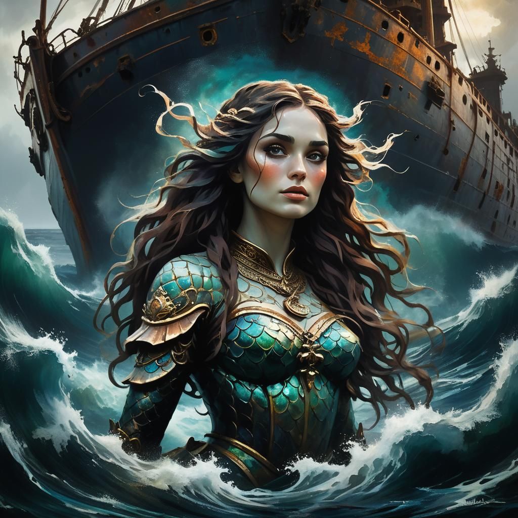 Warrior Mermaid Portrait in Goya and Mucha Style