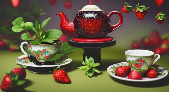 Surreal Strawberry Tea Party in Magical Realism Style