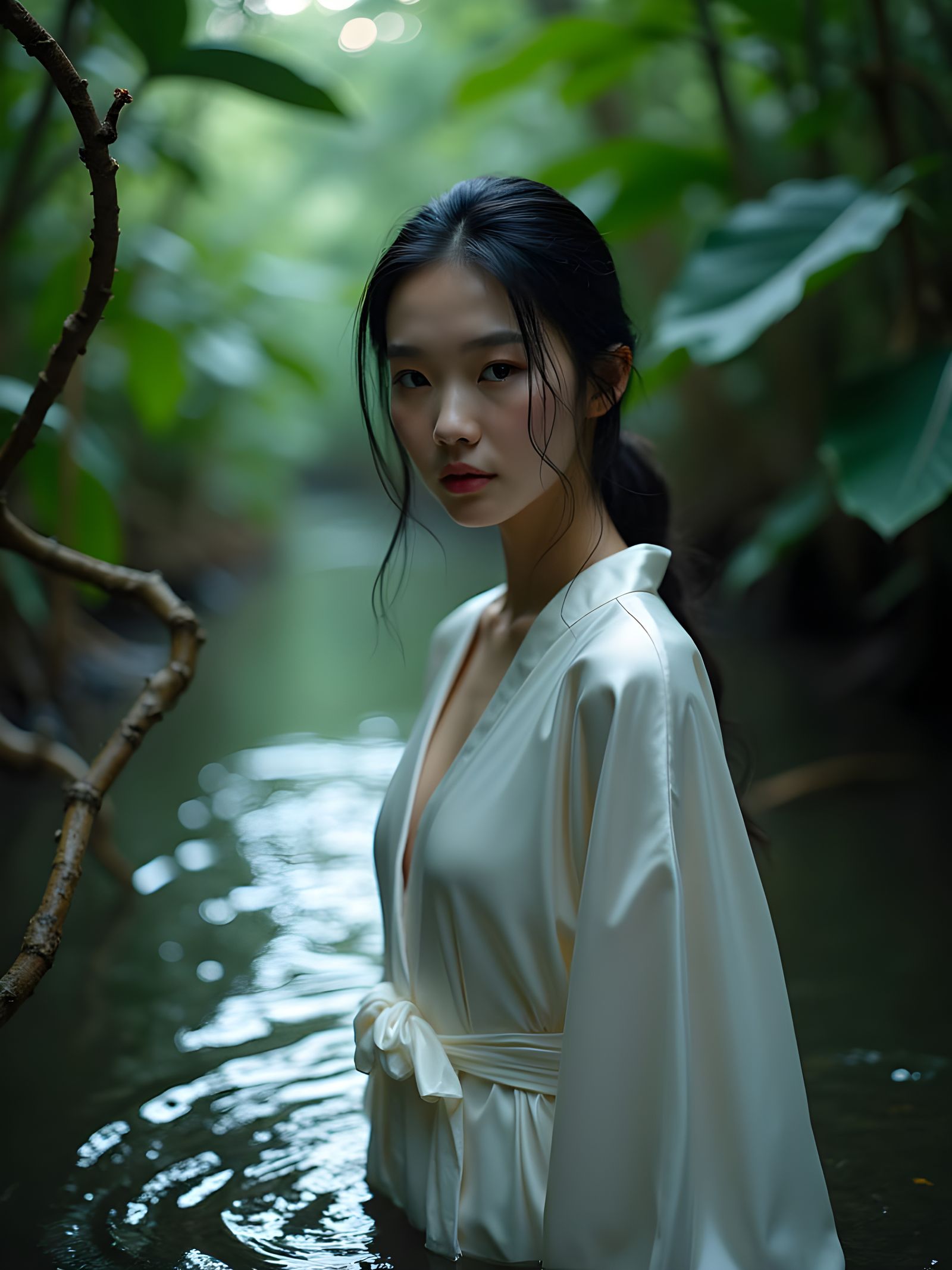 Ethereal Korean Beauty in Tropical Jungle at Night
