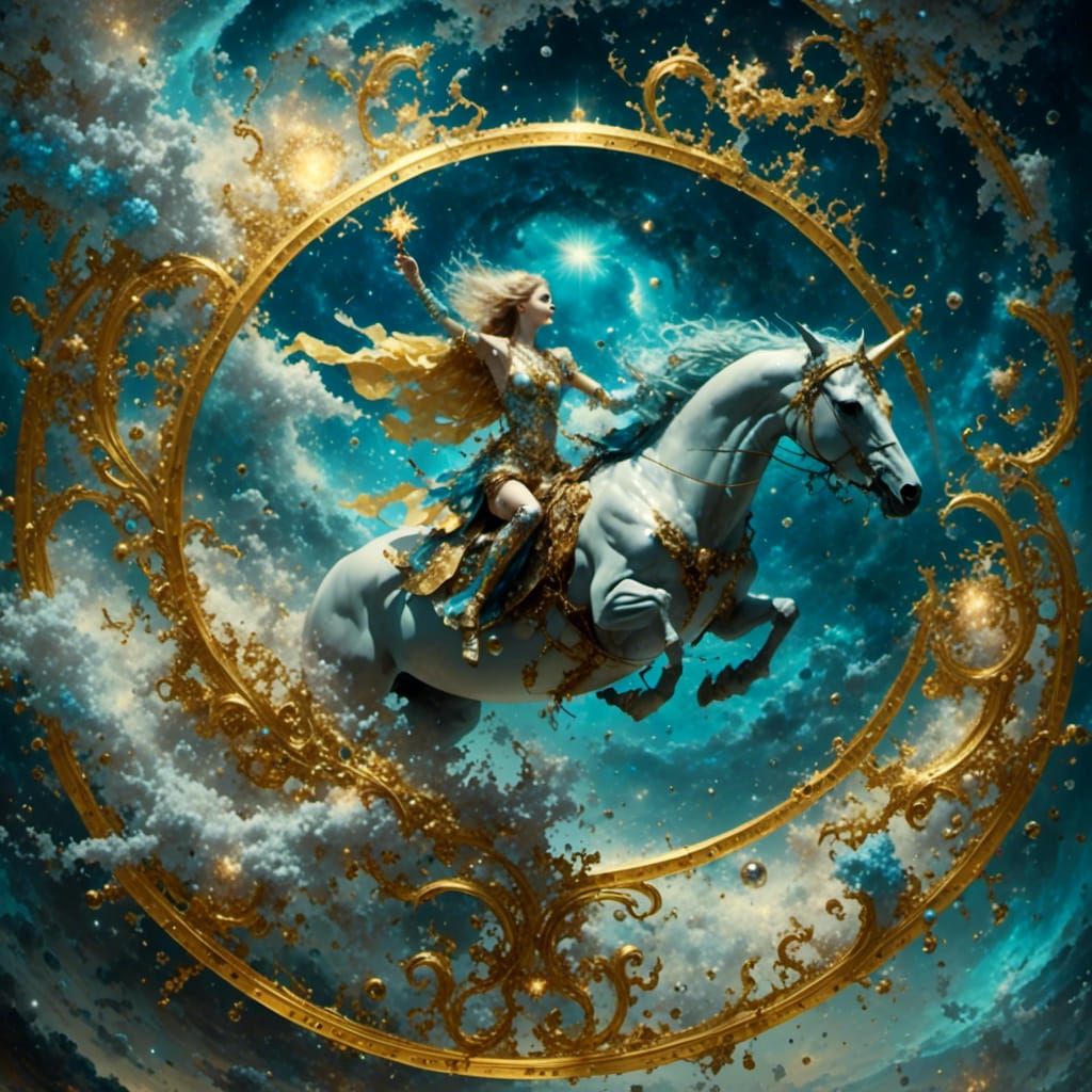 Mystical Warrior Riding Dolphin Through Cosmos