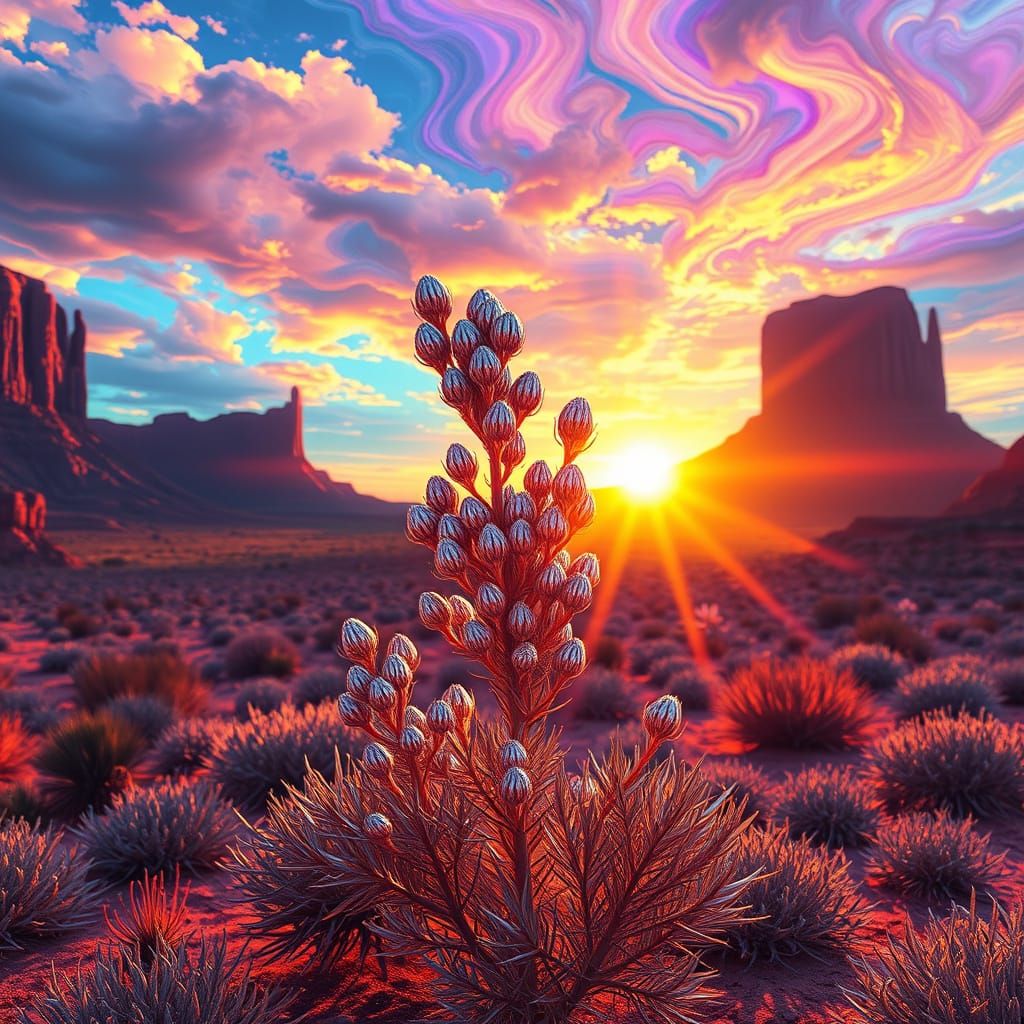 Psychedelic Desert: Silver Sagebrush in Hyperrealistic Style