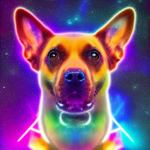 Holographic Galaxy Dog: Cosmic Mixed Media Art
