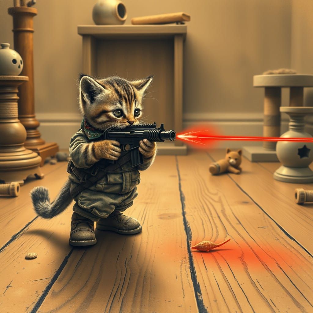 Kitten Soldier Fires at Cat Laser in Hyper-Realistic Scene