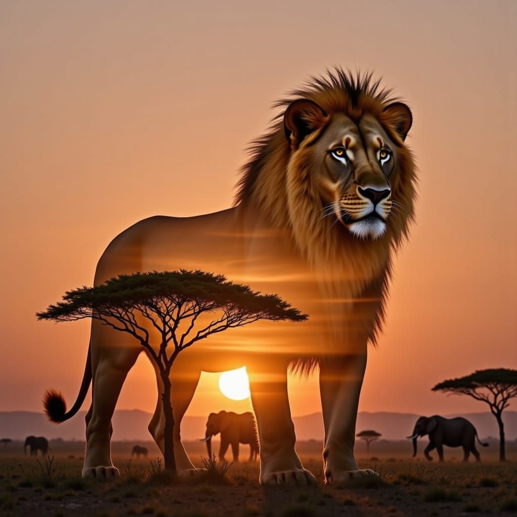 Lion Silhouette Filled with African Sunset and Wildlife