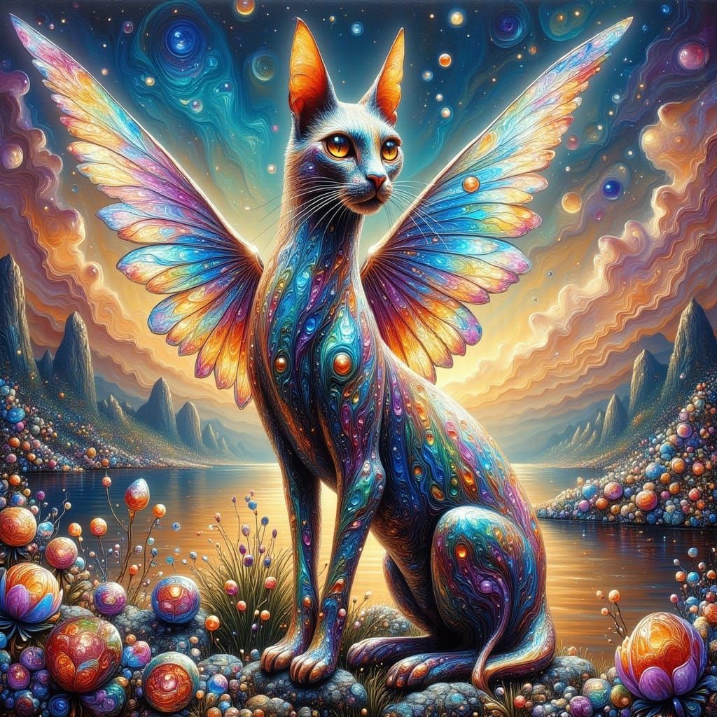 Kaleidoscope-Eyed Sphinx in Surreal Dreamscape