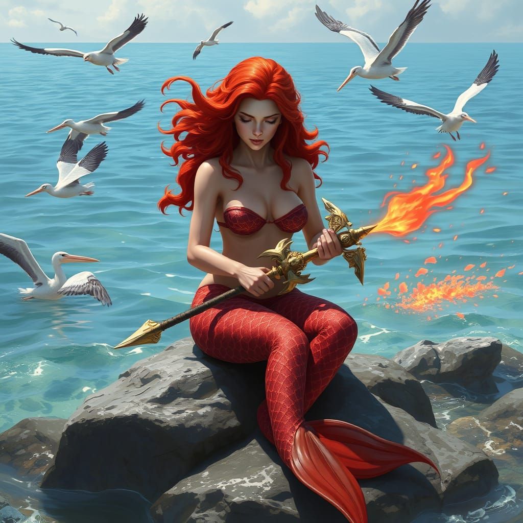 Fantasy Siren Cradles Magical Mace on Seashore