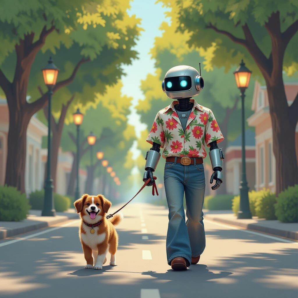 Hippie Robot Walks Dog Down Deserted Street