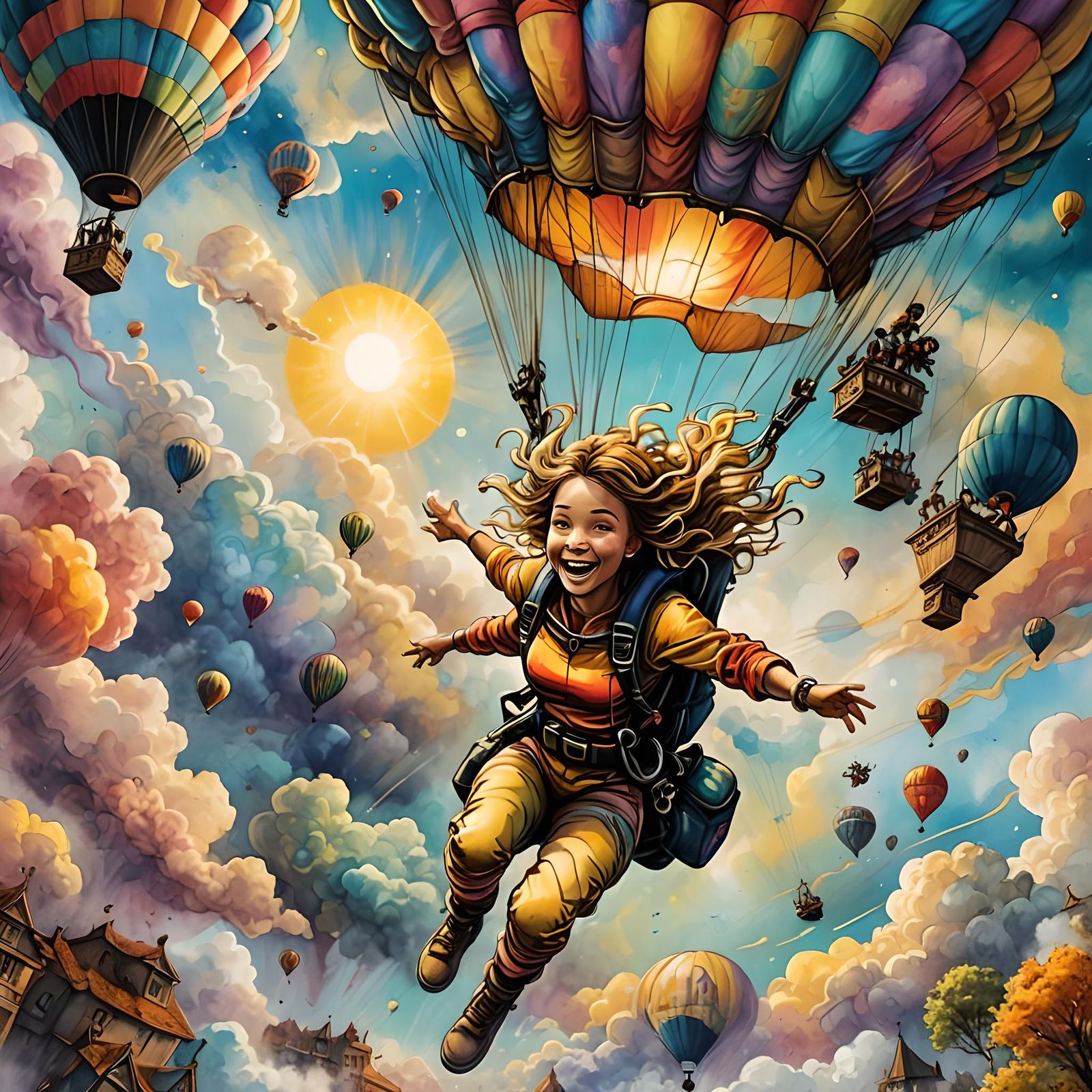 Smiling Skydiver in Hot Air Balloon, Aetherpunk Style