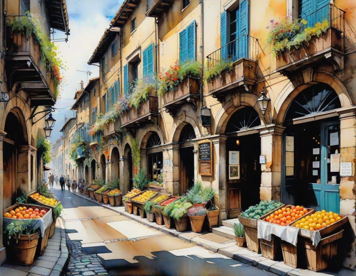 Italian Village Street Scene in Wet Watercolor Style