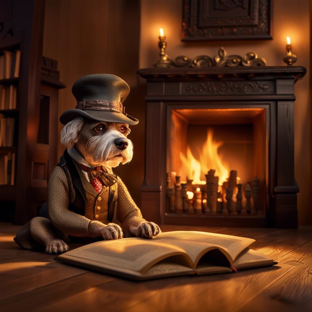 Grandpa Schnauzer Dogman Reading by Fireplace