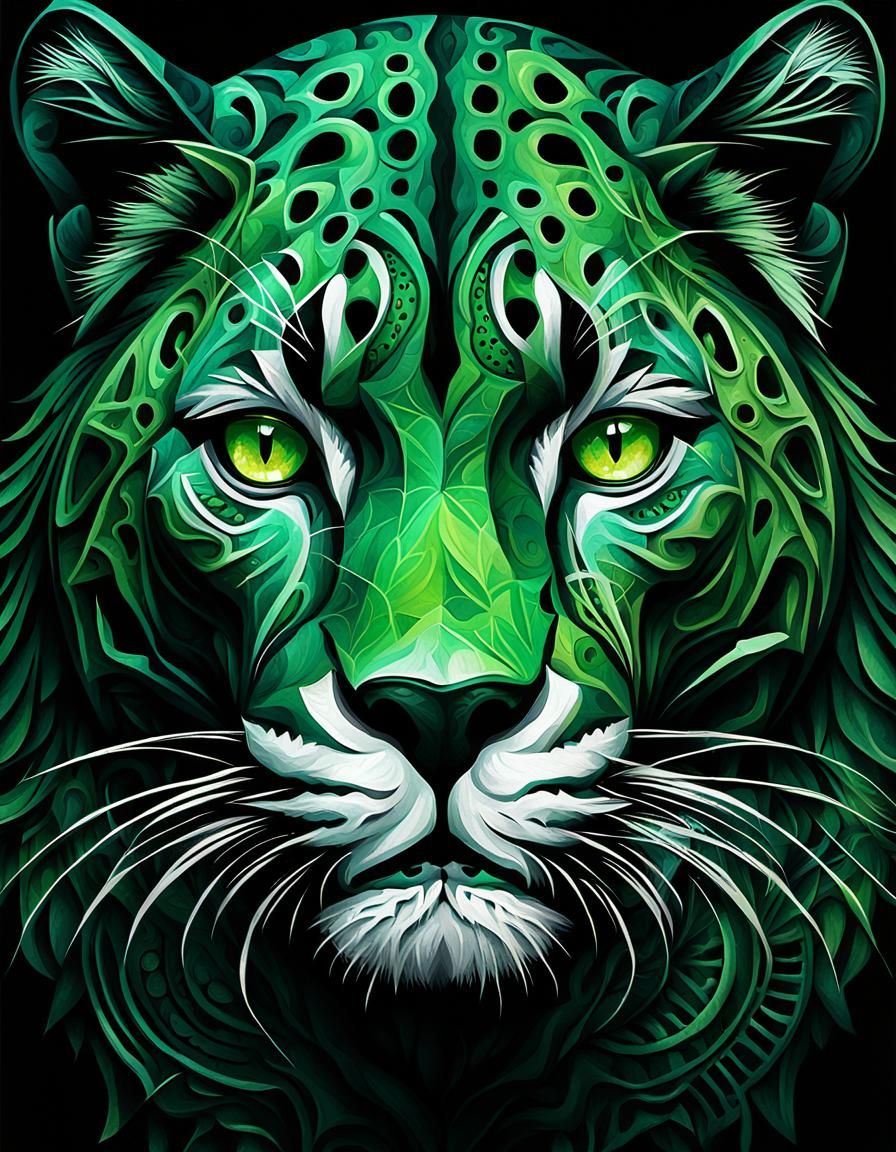 Intricate Panther Face with Glowing Green Eyes